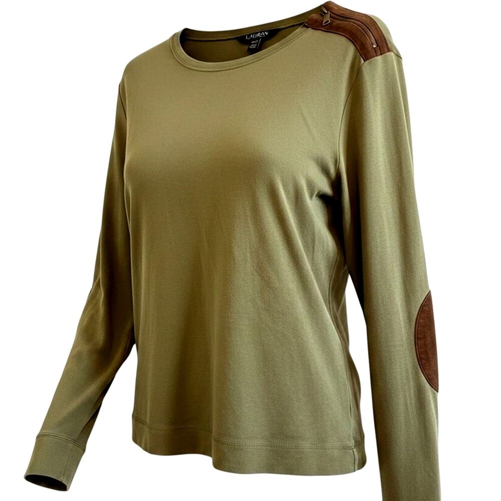 Ralph Lauren Olive Green Long Sleeve Top Suede Elbow Patch Equestrian Preppy XL